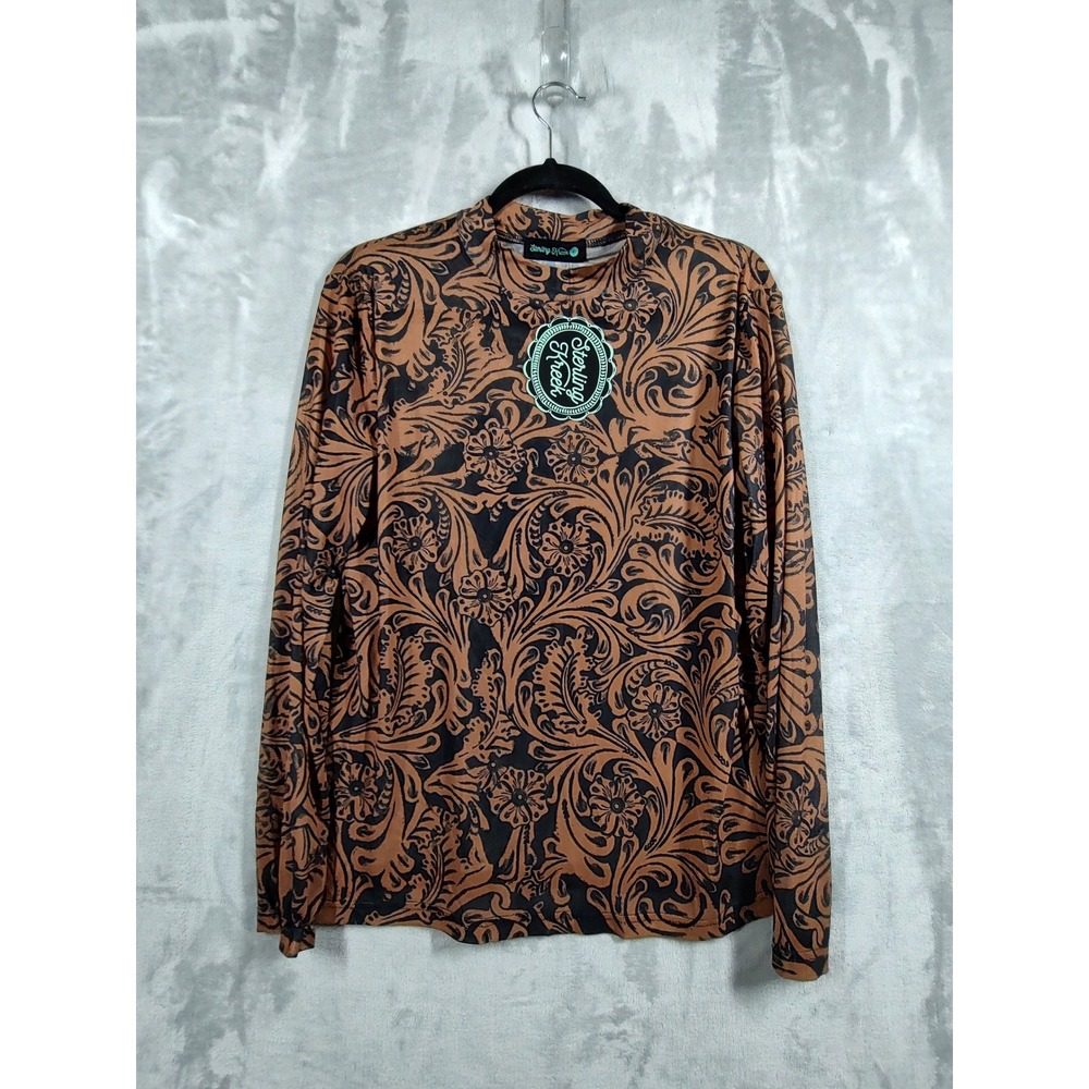 Sterling Kreek Womens Brown Black Tooled Paisley Floral Long Sleeve Top Large